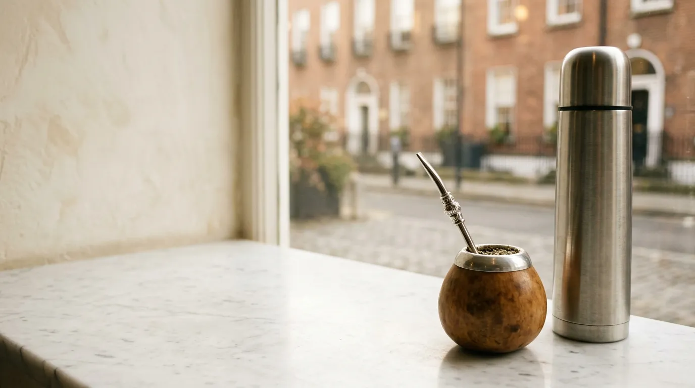 A mate gourd and bombilla beside a thermos and loose yerba on a wooden table